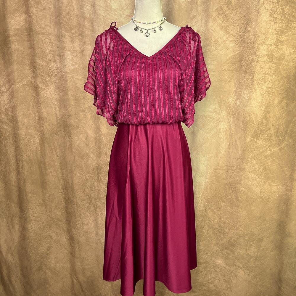 Vintage 70s Butterfly Sleeve Dress Burgundy Midi Sheer Layered Draped Top Formal